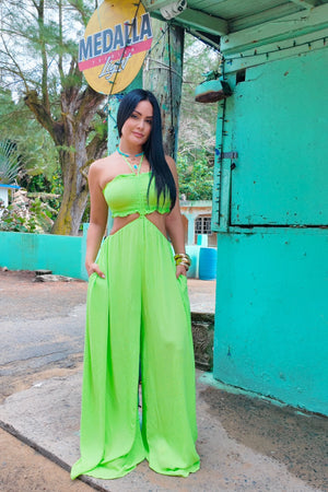 VACAY LINEN V ROMPER - LIME