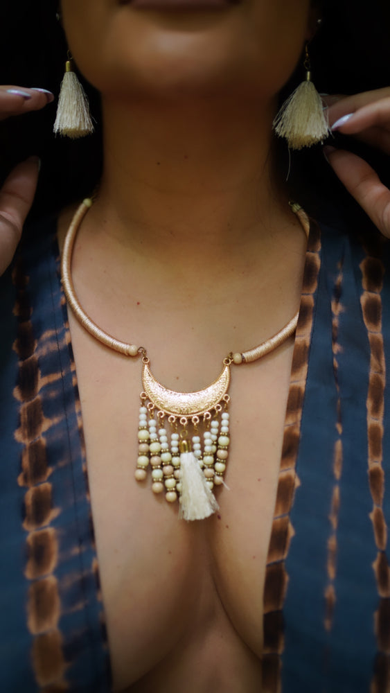 
            
                Load image into Gallery viewer, Cream Tassel Necklace &amp;amp; Earring Set
            
        